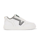 White leather sneakers featuring black and grey detailing, showcasing a modern and stylish design suitable for casual wear.