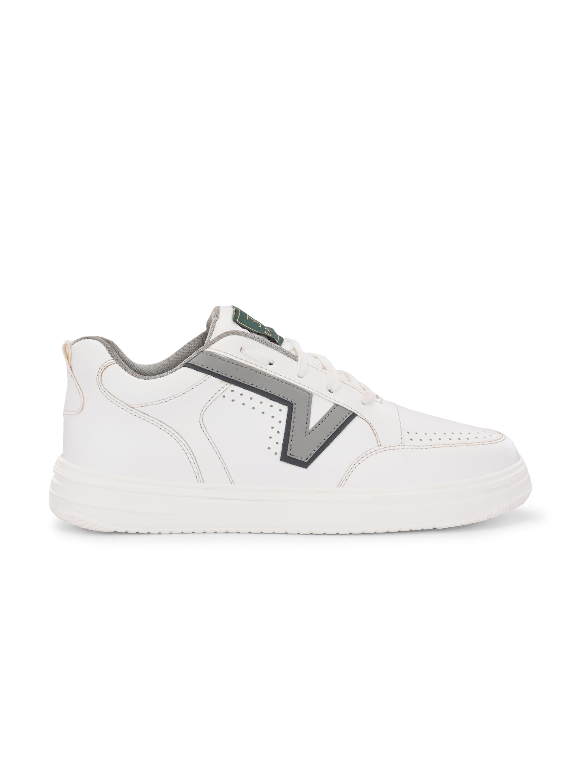 White leather sneakers featuring black and grey detailing, showcasing a modern and stylish design suitable for casual wear.