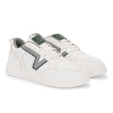 These Men Striped Round Toe Mesh Sneakers combine white leather with black and grey detailing, perfect for a modern, casual look.