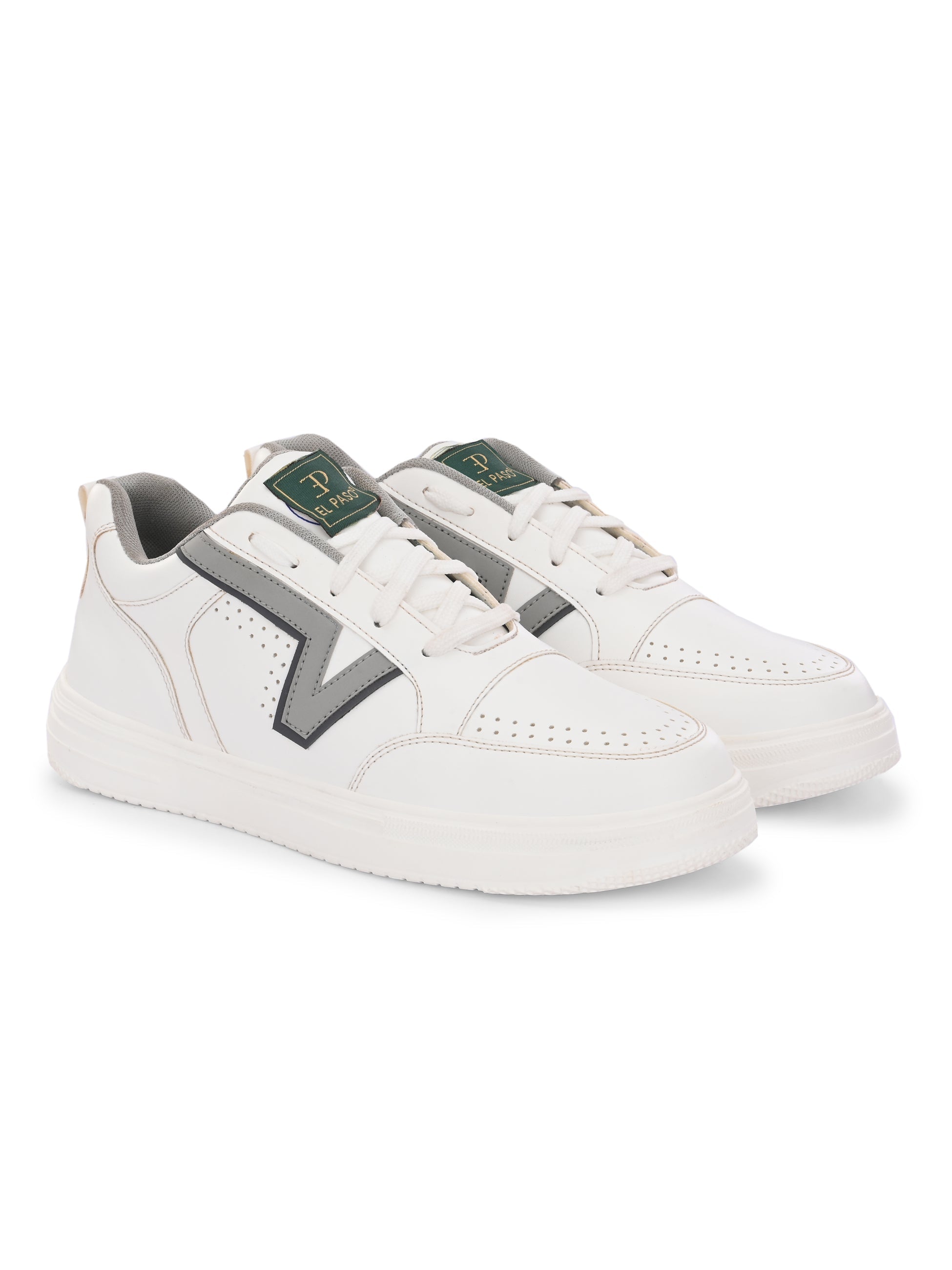 These Men Striped Round Toe Mesh Sneakers combine white leather with black and grey detailing, perfect for a modern, casual look.