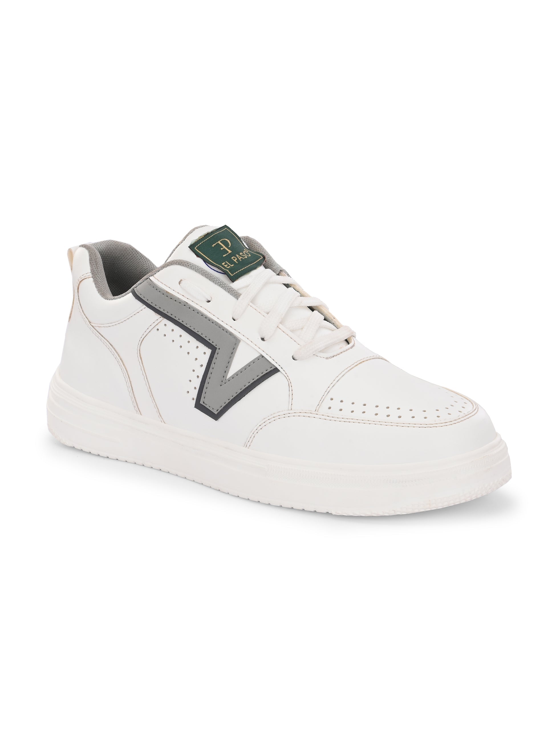 These Men Striped Round Toe Mesh Sneakers combine white leather with black and grey detailing, perfect for a modern, casual look.