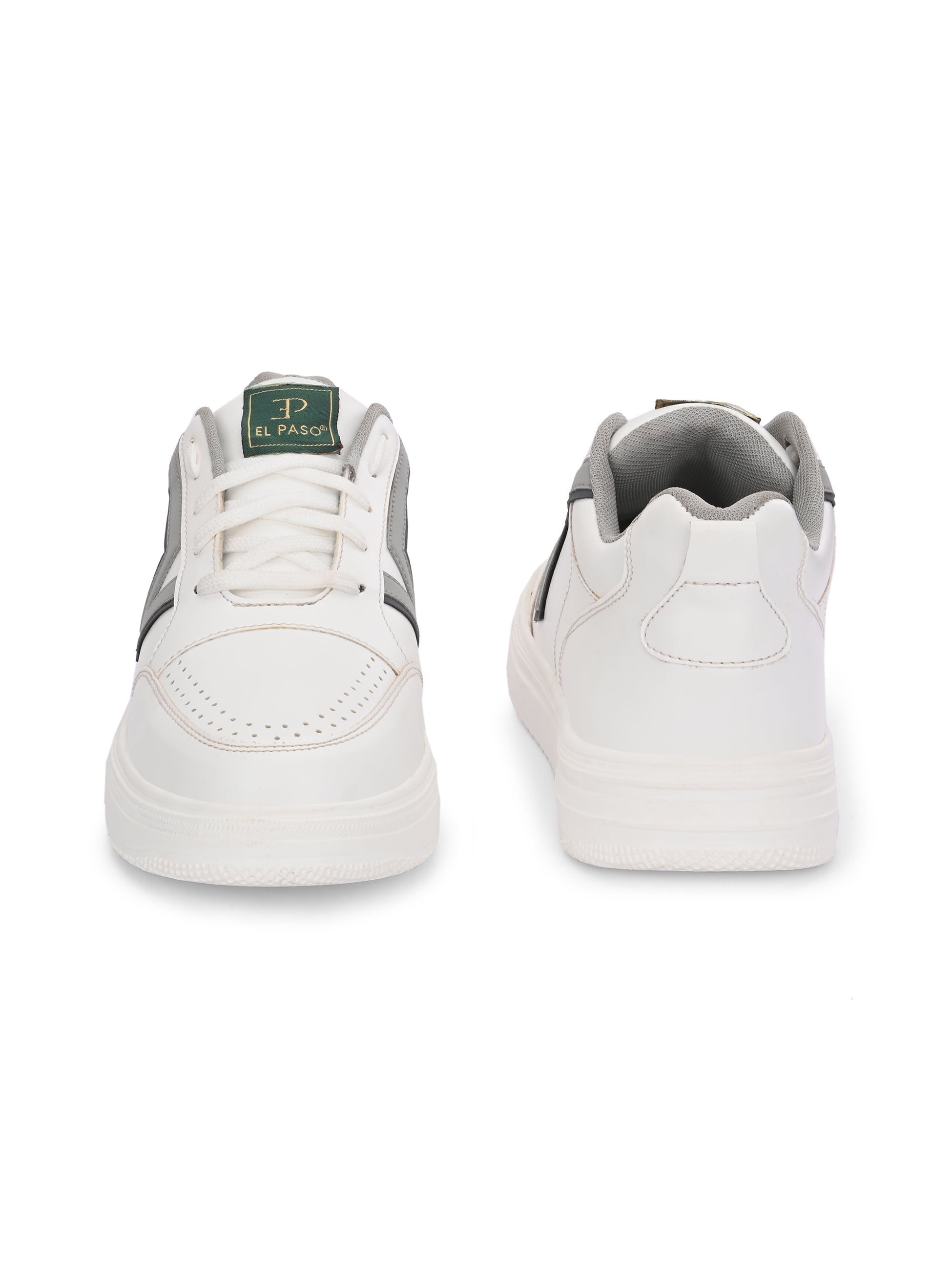 These Men Striped Round Toe Mesh Sneakers combine white leather with black and grey detailing, perfect for a modern, casual look.