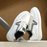 These Men Striped Round Toe Mesh Sneakers combine white leather with black and grey detailing, perfect for a modern, casual look.