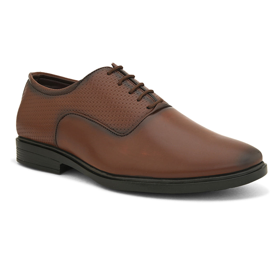 Men Textured Formal Derbys in brown leather with laces on a white background.