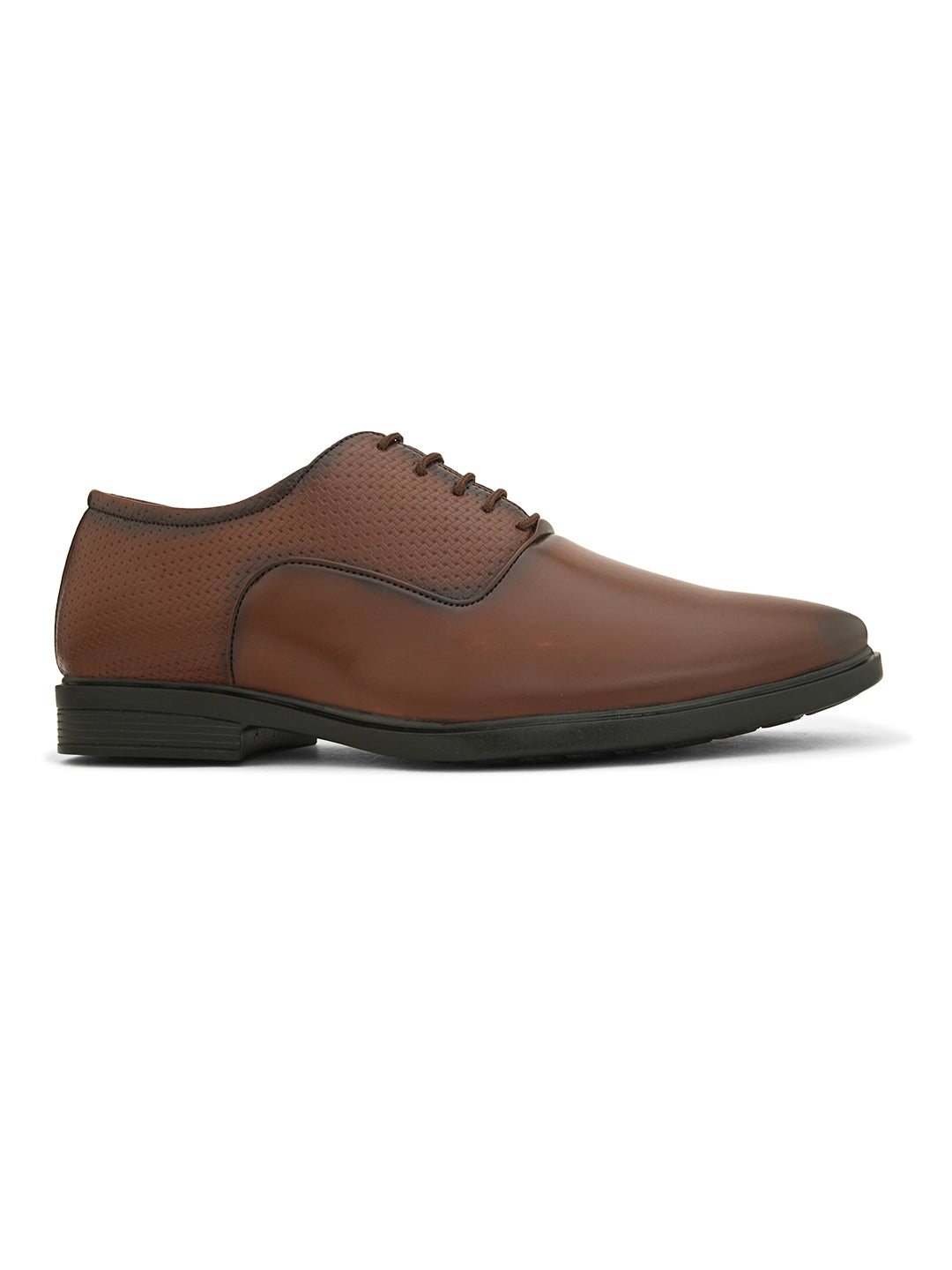 A brown leather dress shoe with laces on a white background.