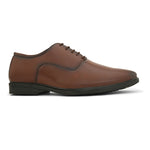 A brown leather dress shoe with laces on a white background.