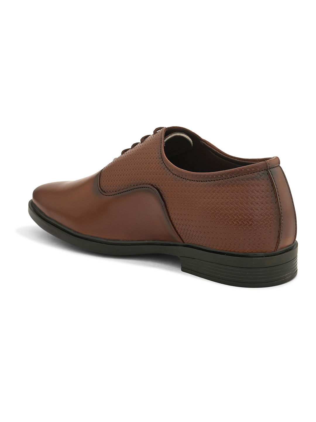A brown leather dress shoe with laces on a white background.