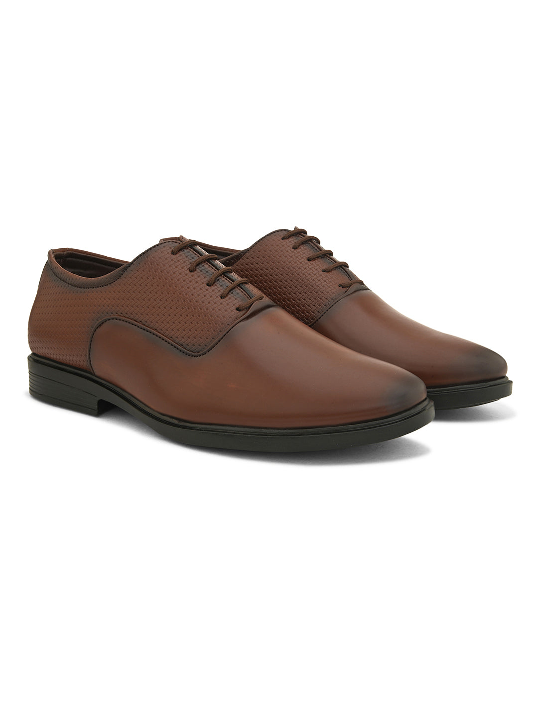 Men Textured Formal Derbys in brown leather with laces on a white background.