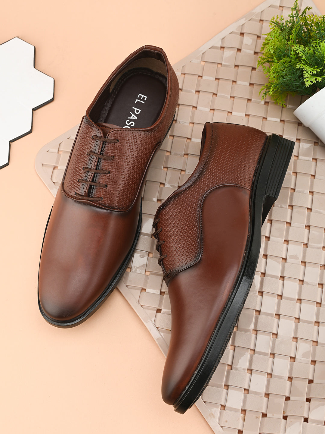 Men Textured Formal Derbys in brown leather with laces on a white background.