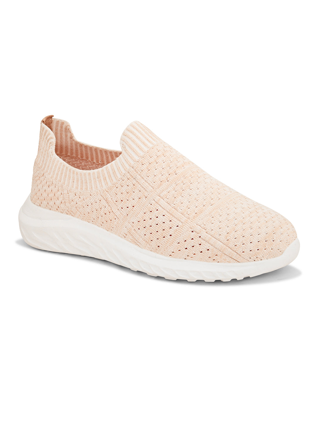 Peach slip-on sneaker with a breathable knitted upper, perforated design for ventilation, and a cushioned white sole for comfort and flexibility.