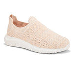 Peach slip-on sneaker with a breathable knitted upper, perforated design for ventilation, and a cushioned white sole for comfort and flexibility.