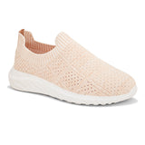 Peach slip-on sneaker with a breathable knitted upper, perforated design for ventilation, and a cushioned white sole for comfort and flexibility.