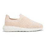 Peach slip-on sneaker with a breathable knitted upper, perforated design for ventilation, and a cushioned white sole for comfort and flexibility.