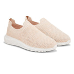 Peach Slip-On Lightweight Women Shoes with a breathable knitted upper, perforated design for ventilation, and a cushioned white sole for comfort and flexibility.