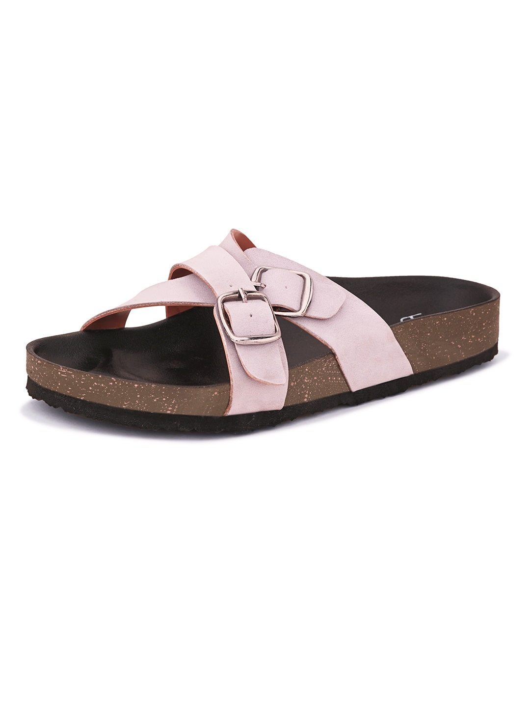 Pink slip-on flats, showcasing its design and material details.