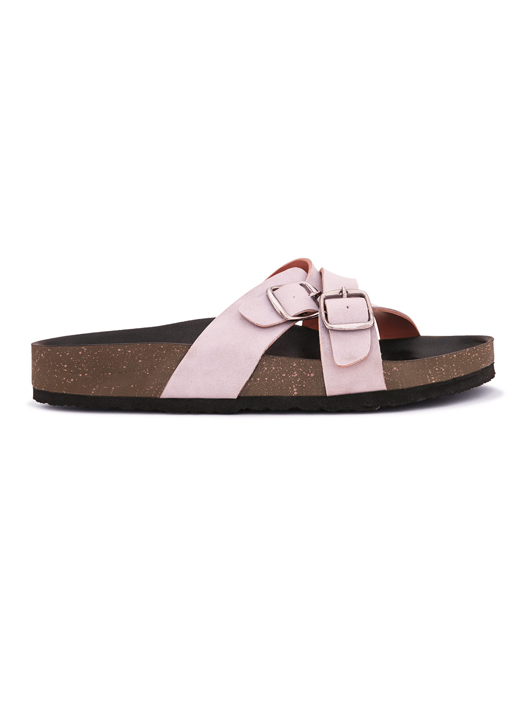 Pink slip-on flats, showcasing its design and material details.