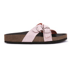 Pink slip-on flats, showcasing its design and material details.