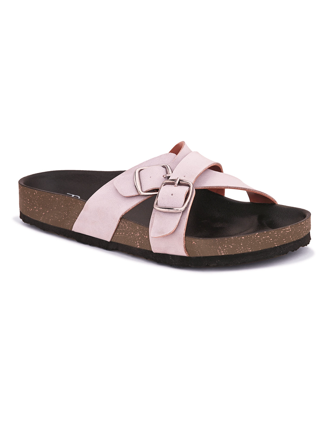 Pink slip-on flats, showcasing its design and material details.
