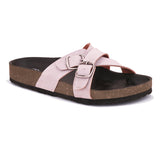Pink slip-on flats, showcasing its design and material details.