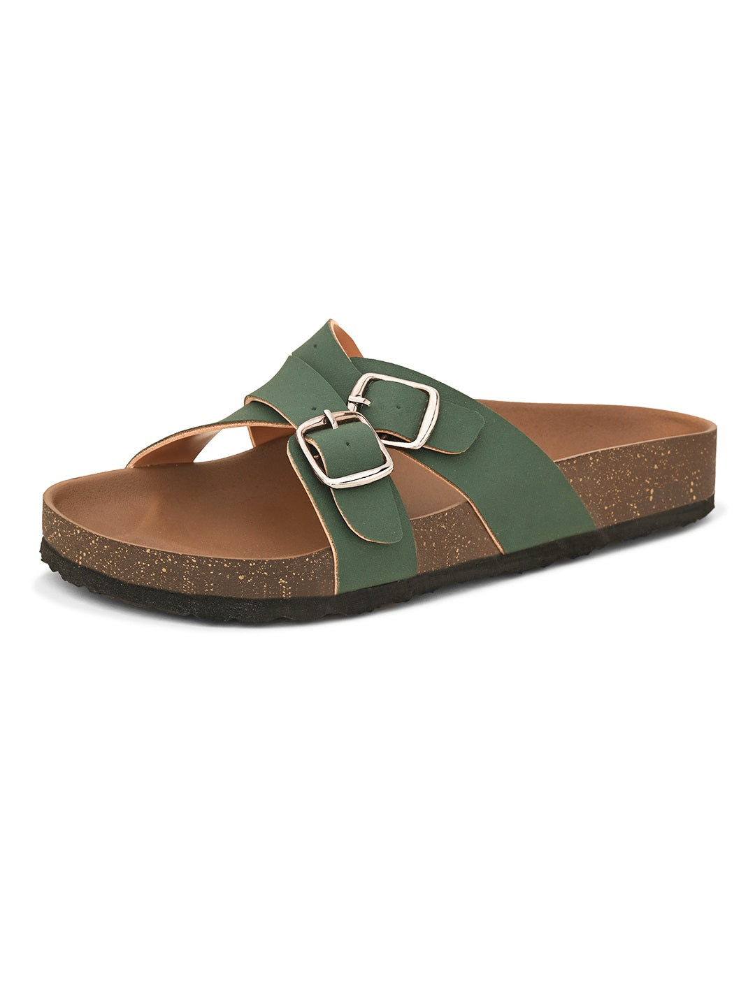 Green slip-on flats, showcasing its design and material details.