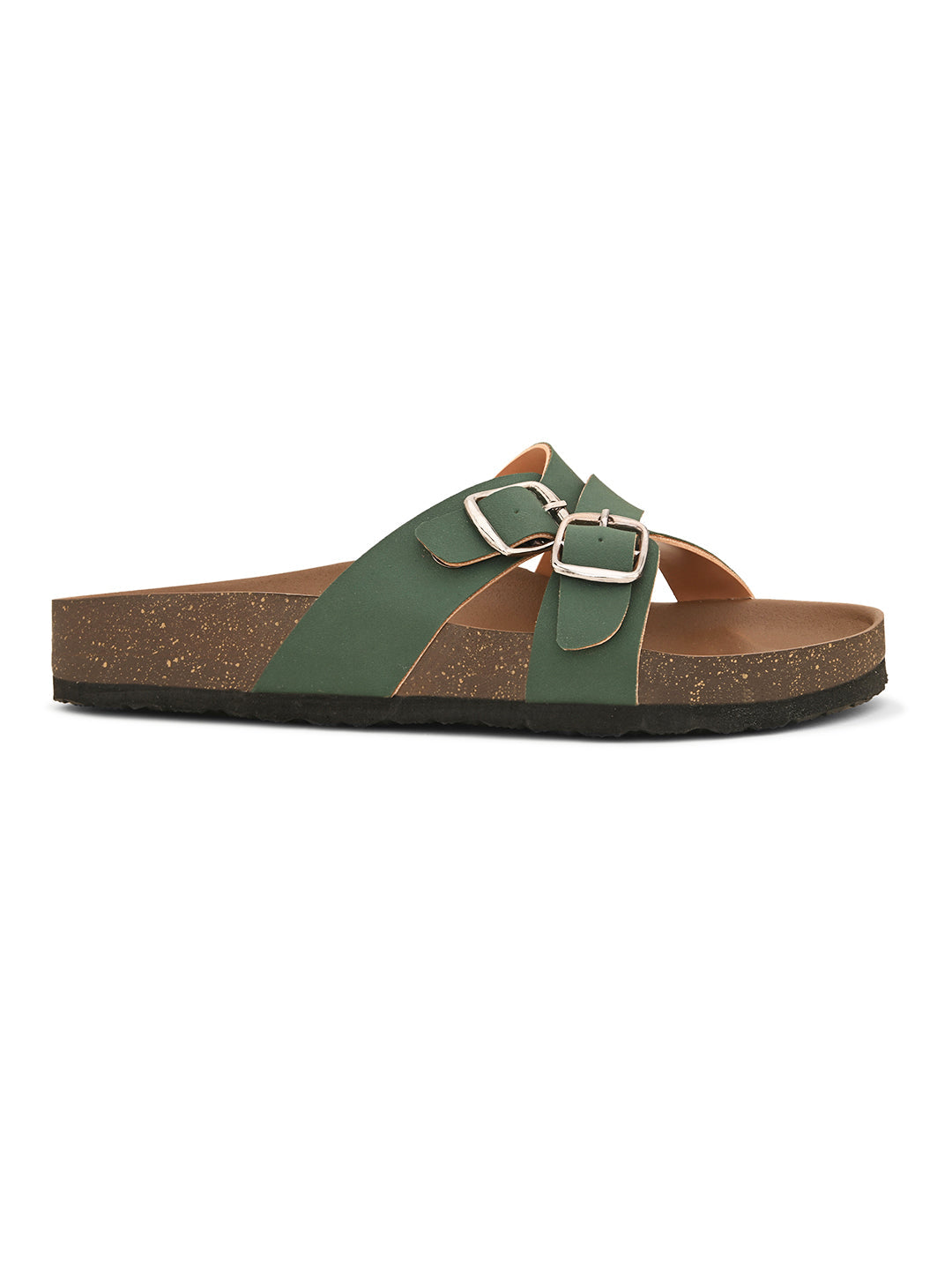 Green slip-on flats, showcasing its design and material details.