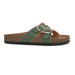 Green slip-on flats, showcasing its design and material details.