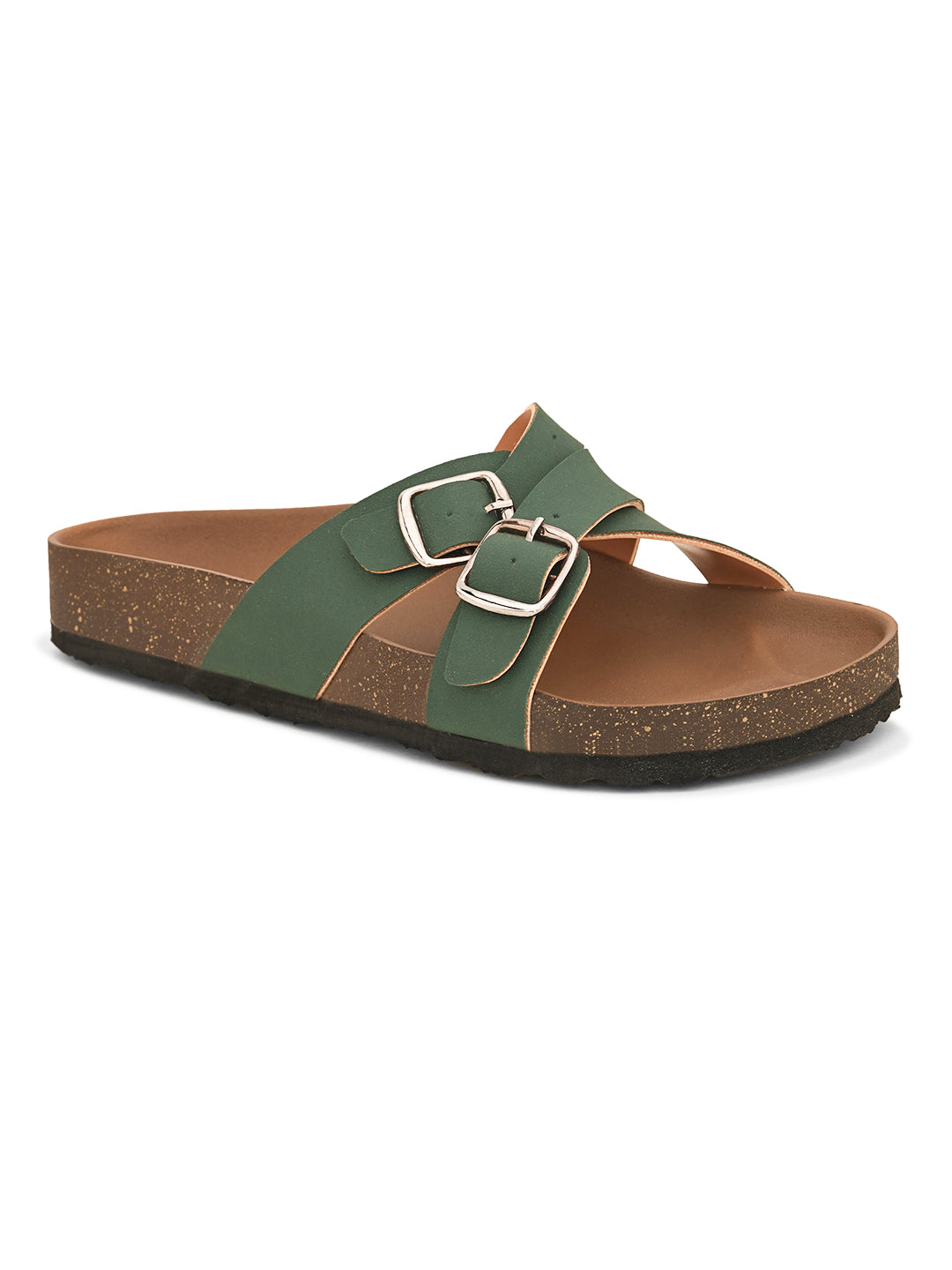Green slip-on flats, showcasing its design and material details.