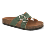 Green slip-on flats, showcasing its design and material details.