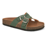 Green slip-on flats, showcasing its design and material details.