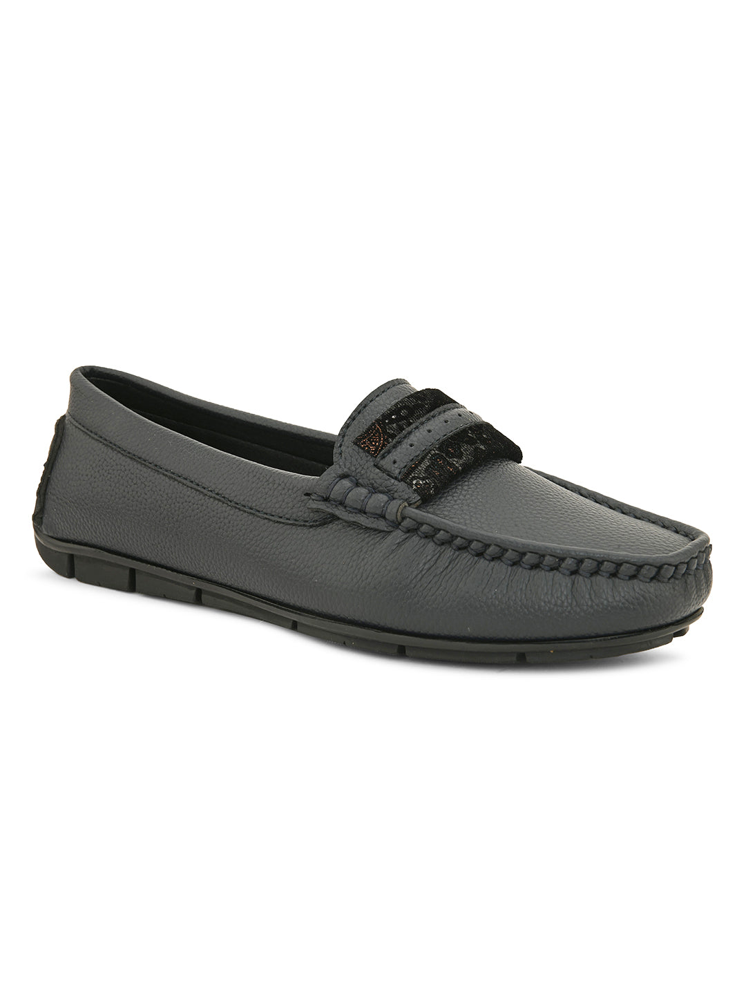 A single dark gray leather loafer with a textured sole and decorative strap across the front.