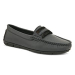 A single dark gray leather loafer with a textured sole and decorative strap across the front.