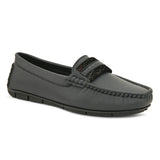 A single dark gray leather loafer with a textured sole and decorative strap across the front.