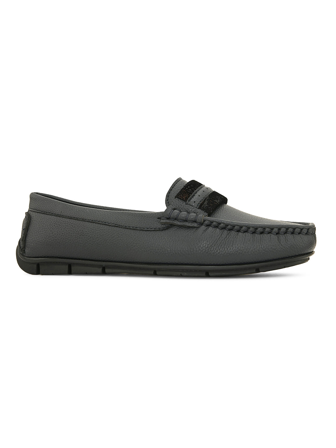 A single dark gray leather loafer with a textured sole and decorative strap across the front.