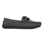 A single dark gray leather loafer with a textured sole and decorative strap across the front.