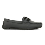A single dark gray leather loafer with a textured sole and decorative strap across the front.