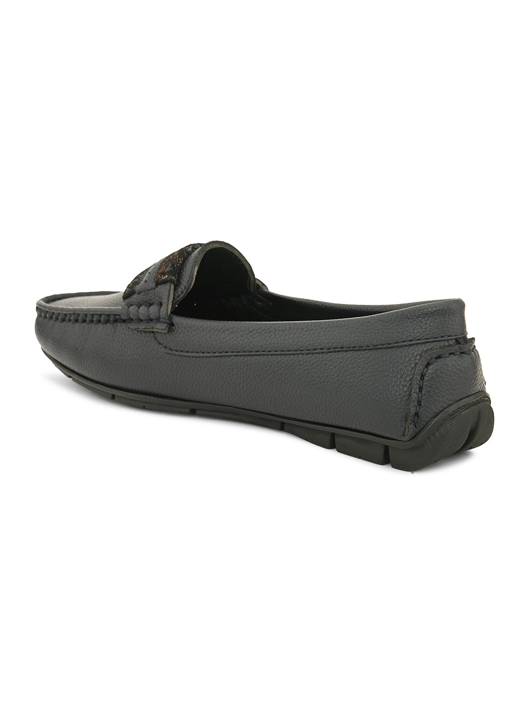 A single dark gray leather loafer with a textured sole and decorative strap across the front.