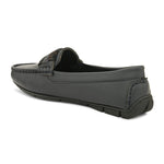 A single dark gray leather loafer with a textured sole and decorative strap across the front.