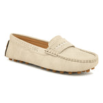 Beige suede driving loafer with stitched details, cross-stitched vamp band, and studded rubber sole.