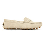 Beige suede driving loafer with stitched details, cross-stitched vamp band, and studded rubber sole.