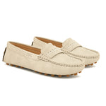 Women’s Lightweight Round Toe Loafers in beige suede with stitched details, cross-stitched vamp band, and studded rubber sole.