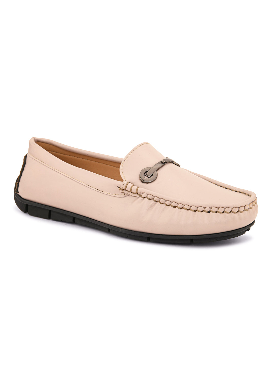 Beige leather loafer with black sole and silver buckle detail. add women's casual slip on loafers