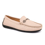 Beige leather loafer with black sole and silver buckle detail. add women's casual slip on loafers