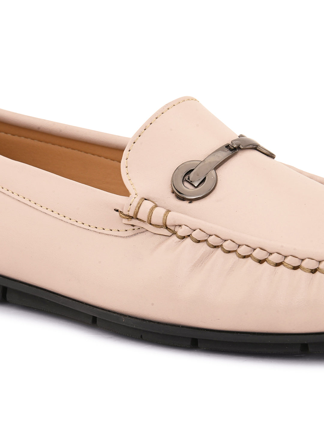 Beige leather loafer with black sole and silver buckle detail. add women's casual slip on loafers