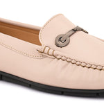 Beige leather loafer with black sole and silver buckle detail. add women's casual slip on loafers