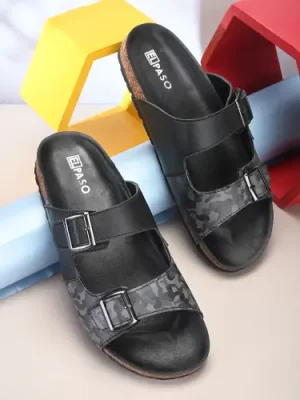 Men's Black Faux Leather Casual Slip On Sandals