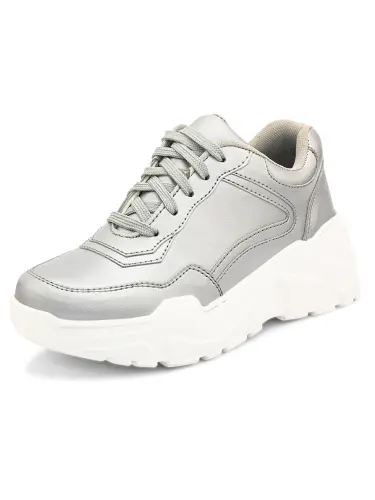 Women's Silver Faux Leather Casual Lace up Sneakers