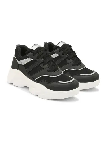 Women's Black Faux Leather Casual Lace up Sneakers
