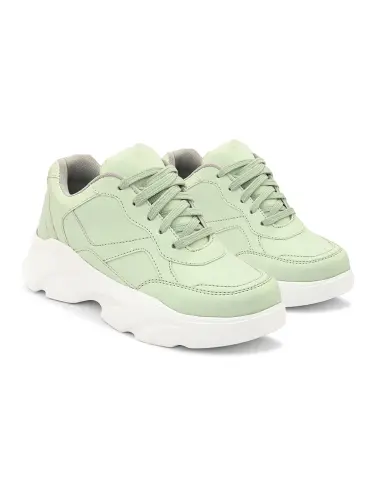 Women's Green Faux Leather Casual Lace up Sneakers