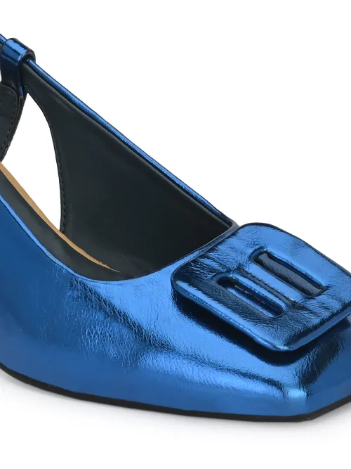 Women's Light Blue Faux Leather Casual Slip On Heels