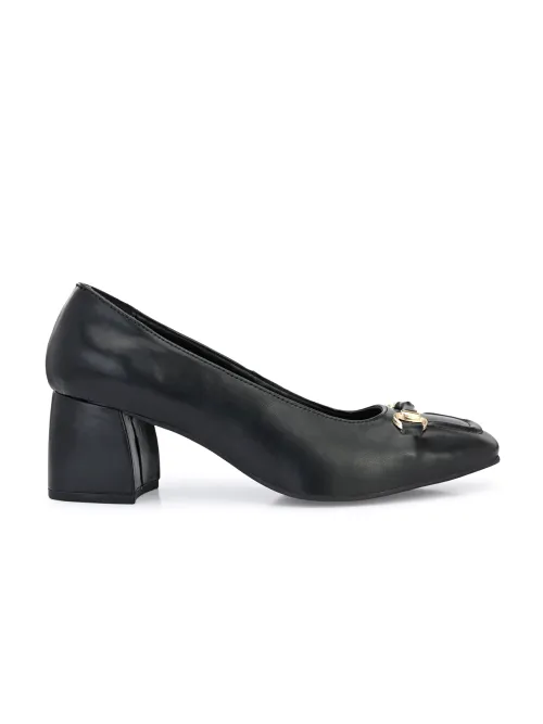 Women's Black Faux Leather Casual Slip On Heels